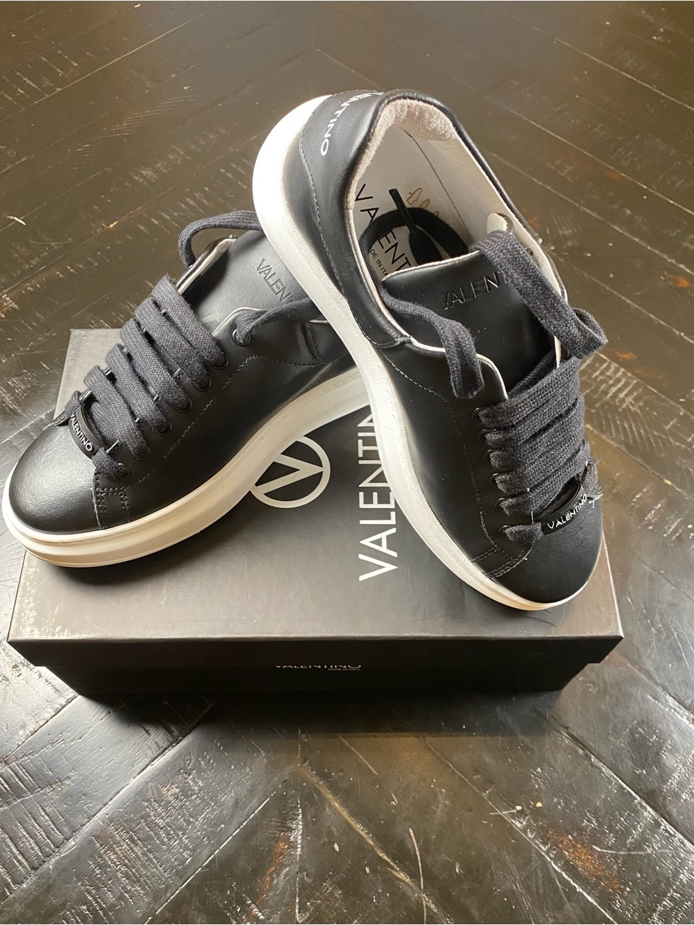 Valentino Black Leather Sneakers with White Sole